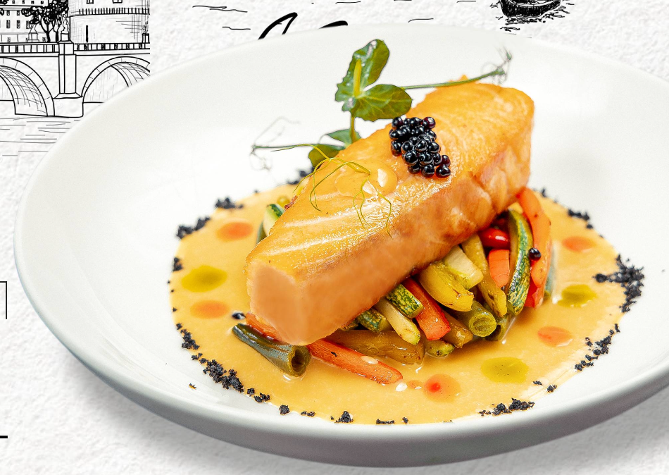 Семга с овощами